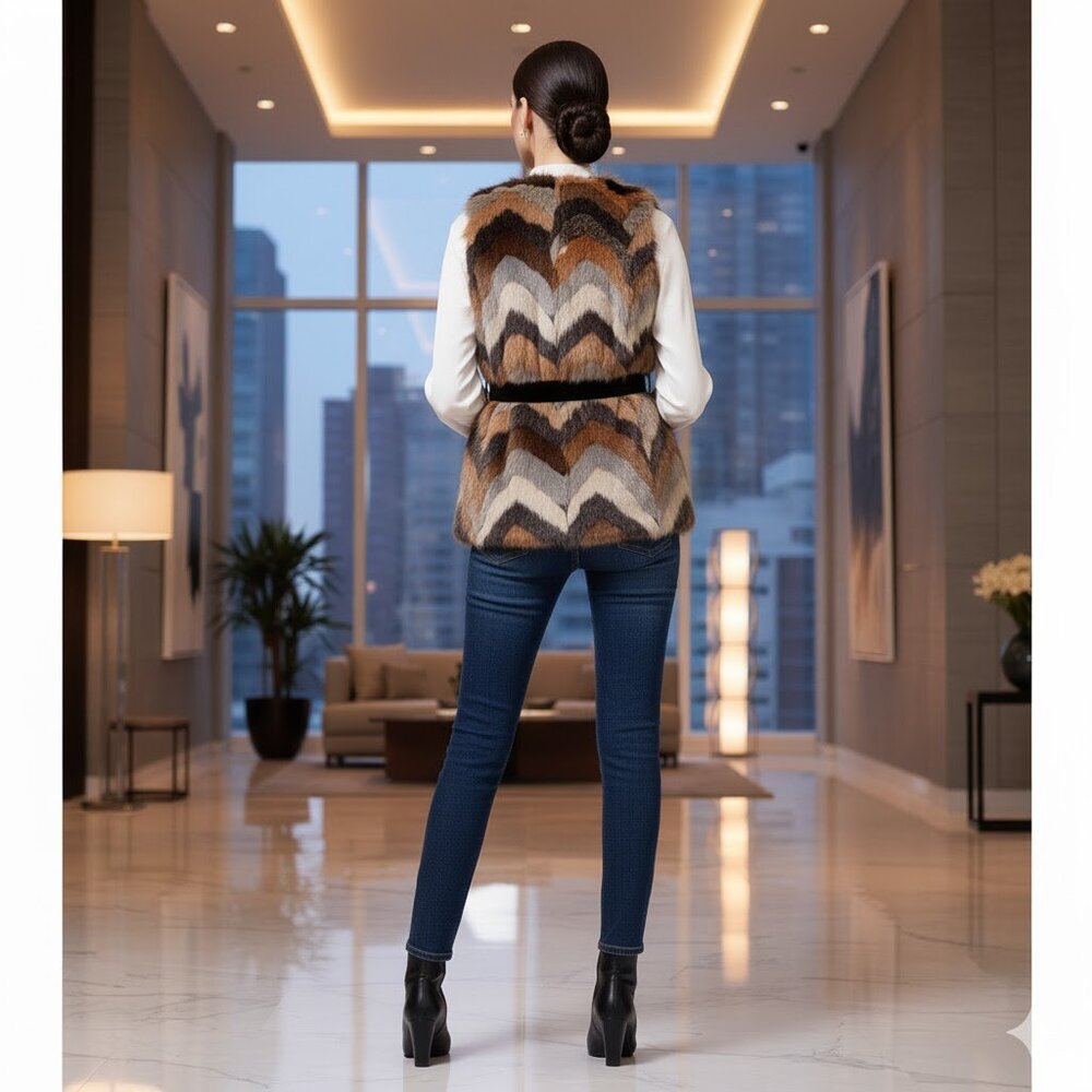 Tan grey brown chevron faux fur belted vest jacket - Picture 2 of 6